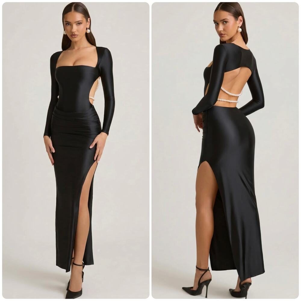 Oh Polly Quintessa Pearl-Detail Cut Out Open Back Maxi Dress Black Size 10